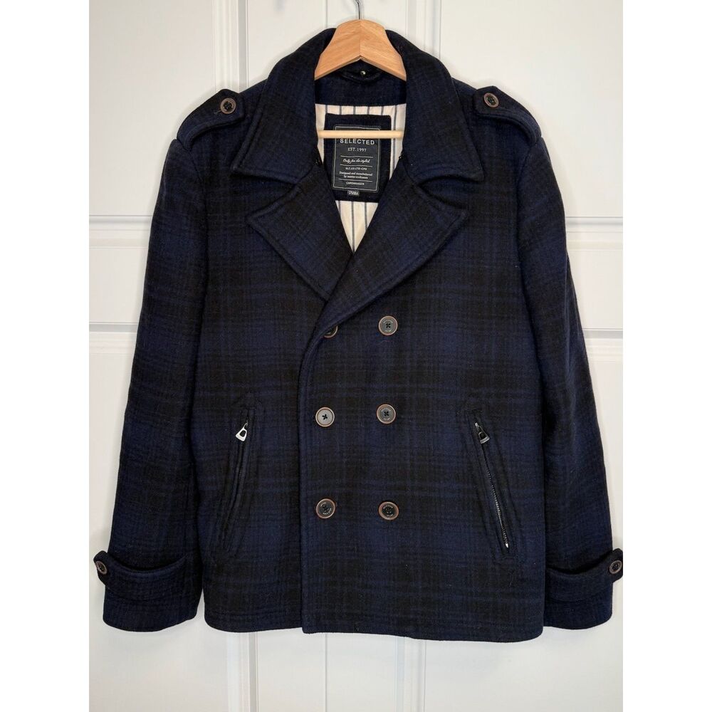 Selected Homme Colin Wool Peacoat Jacket Navy Blue Plaid Double Breasted M